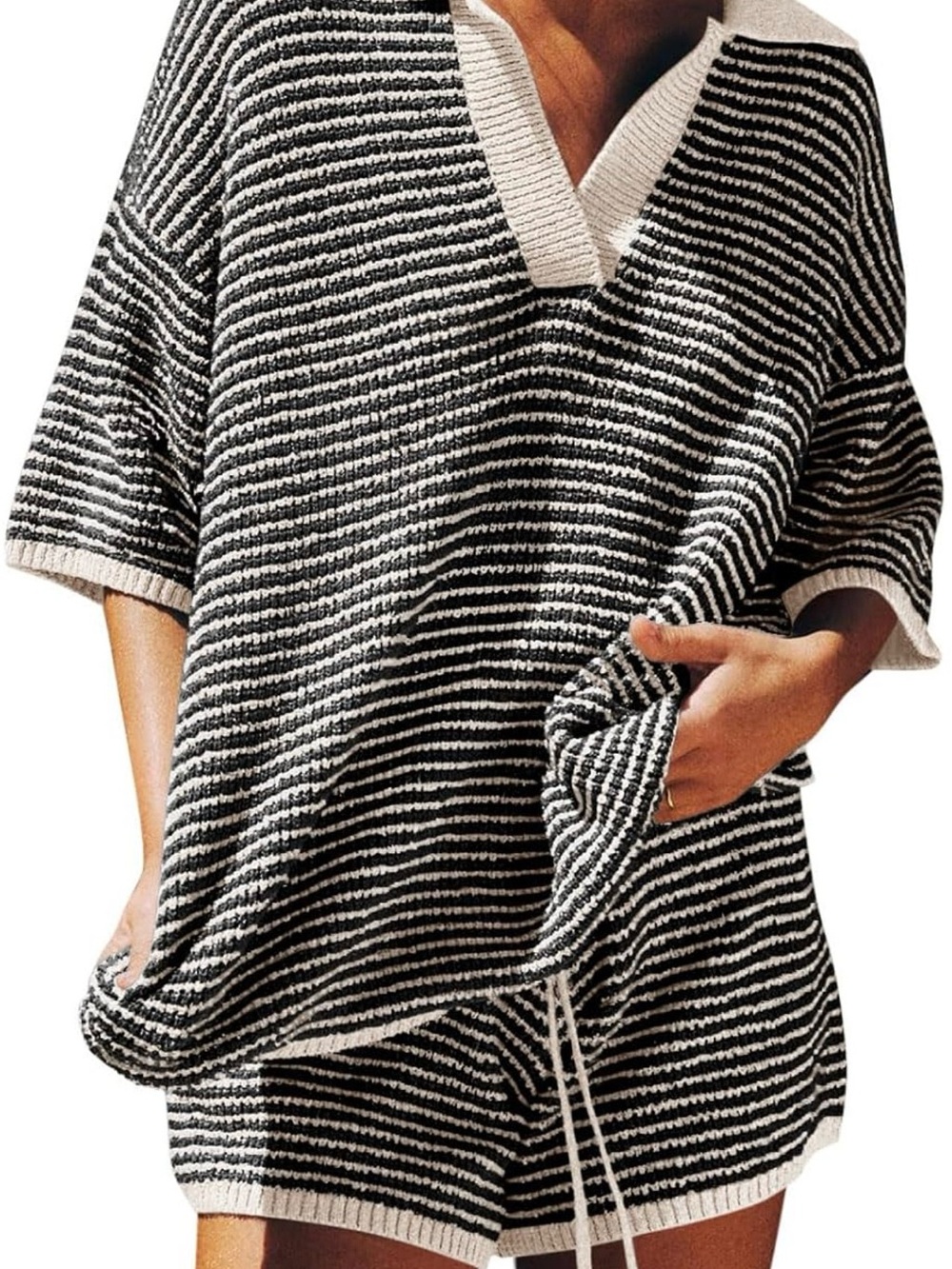 Black & White Striped V-Neck Women’s Shorts Set